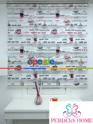 Mutfak Zebra Perde Cappuccino Desenli Zebra Perde - Siyah Kırmızı- Siyah Kırmızı