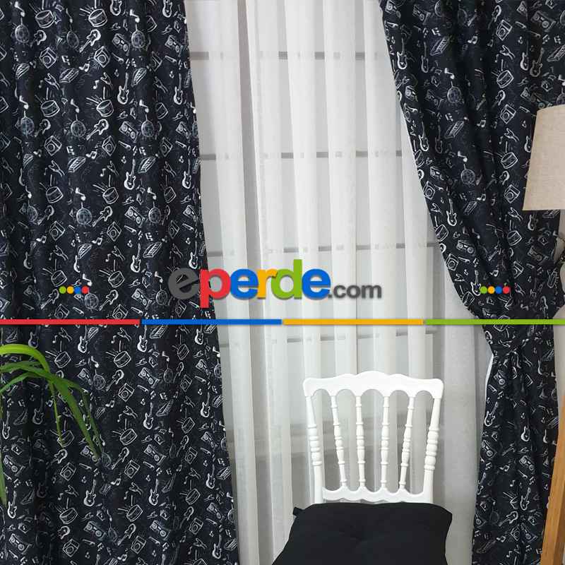 Müzik Aletleri Desenli Fon Perde Evm406 Kumaşı Kalındır Duck Bezi Değildir-  Çok Renkli 2