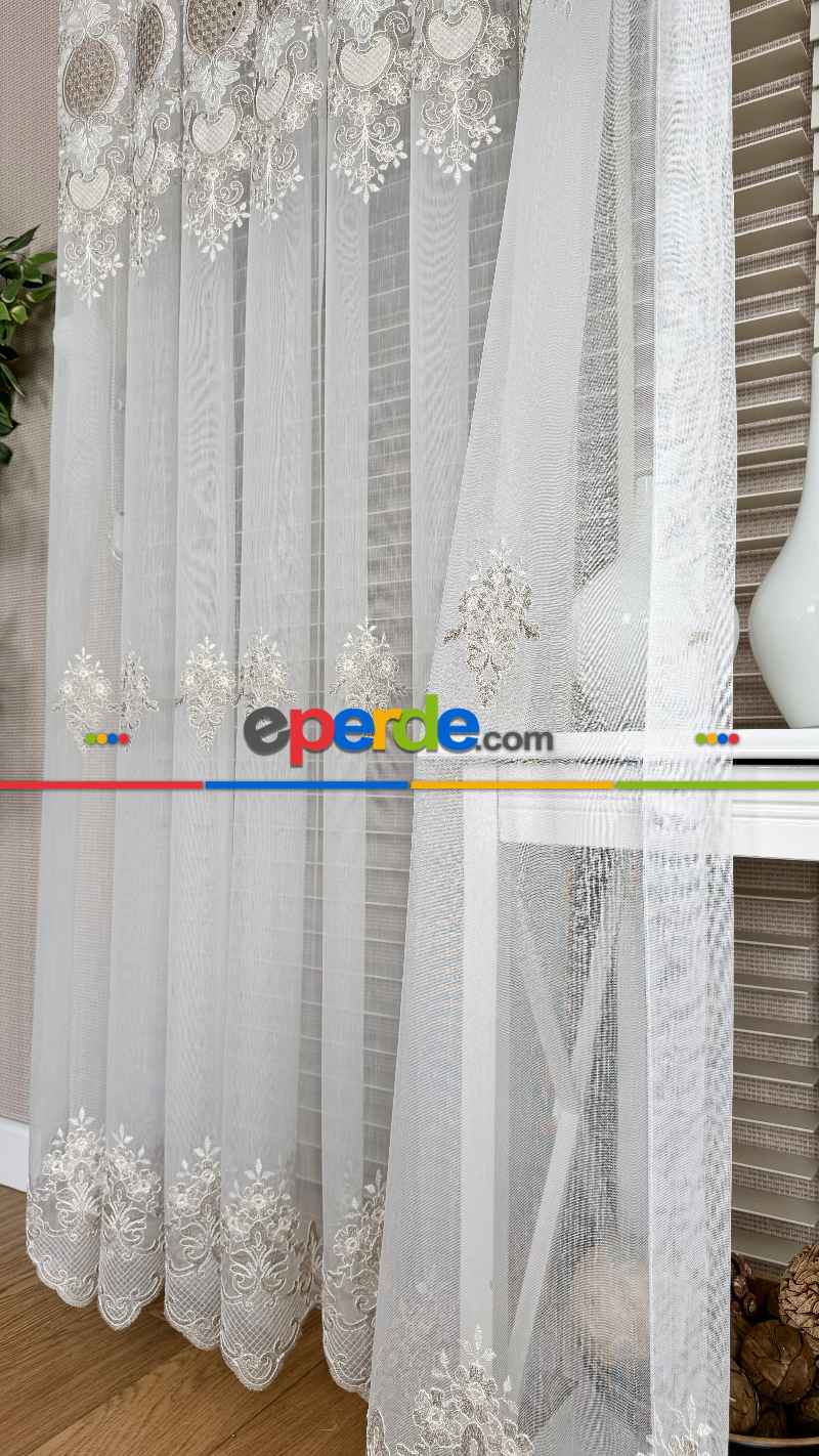 Ekru Bej Özel Dokuma, Özel İplik Brode İşlemeli Tül Perde - Ağır Gramajlı Premium Nakışlı