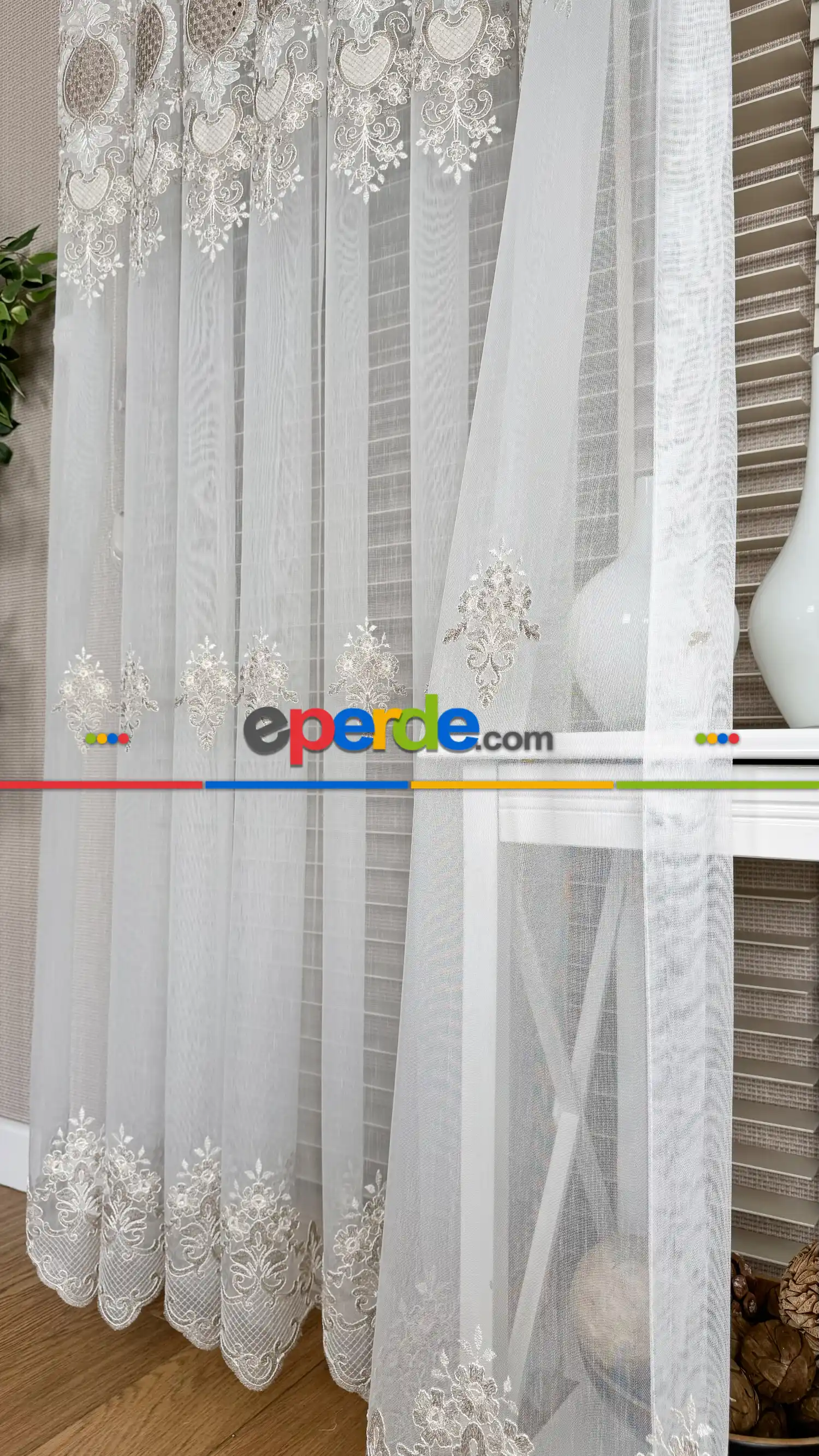 Ekru Bej Özel Dokuma, Özel İplik Brode İşlemeli Tül Perde - Ağır Gramajlı Premium Nakışlı