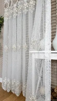 Yatak Odası Ekru Bej Özel Dokuma, Özel İplik Brode İşlemeli Tül Perde - Ağır Gramajlı Premium Nakışlı