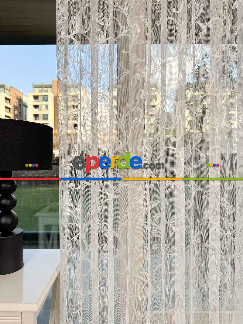 Sarmaşık Desenli Fransız Dantel Örme Tül Perde, Desenli Ütü İstemeyen Tül