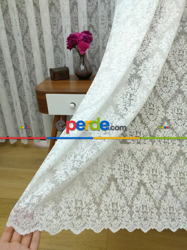 Kdk Örme Dantel Damask Desenli Tül Perde - Krem - Ekru