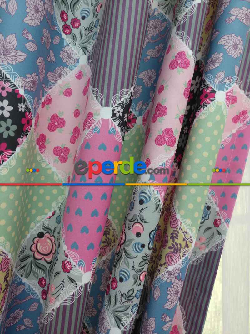 Patchwork Desenli Bebek Ve Çocuk Odası Fon Perde Modelleri- Beyaz-Pembe-Mor