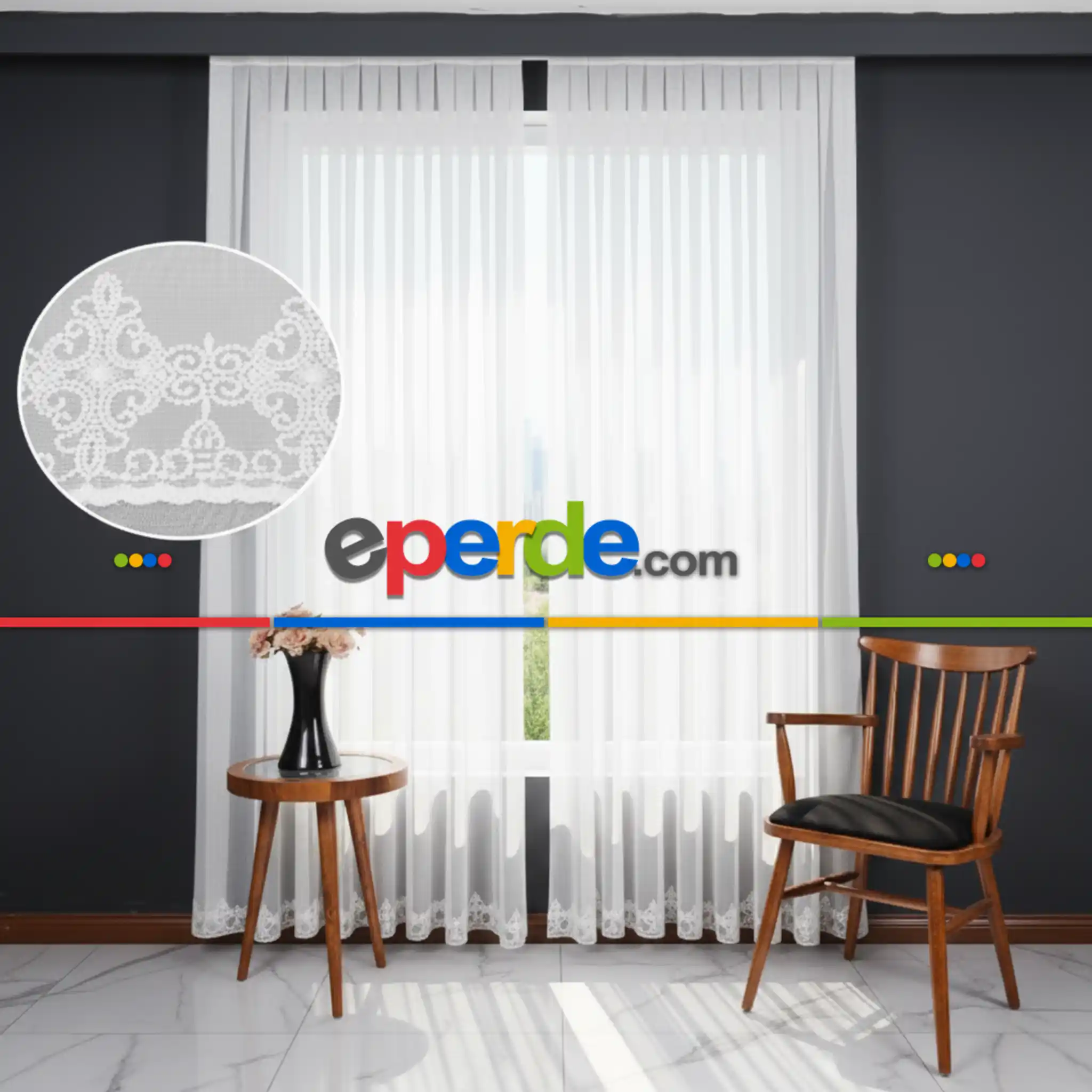 Etek Ucu Nakış İşlemeli Tül Perde