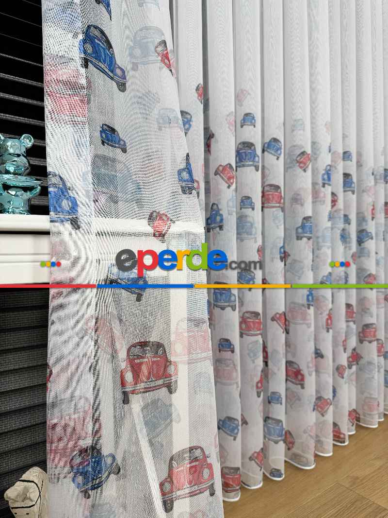 Çok Renkli Araba Desen Baskılı Tül Perde, Çocuk-bebek Odası, Premium Seri