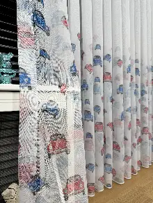 Çok Renkli Araba Desen Baskılı Tül Perde, Çocuk-bebek Odası, Premium Seri