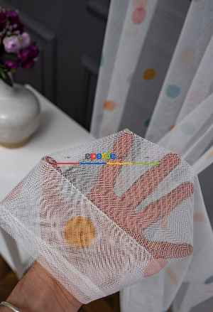 Hazır Ölçülü Petek Zemin Turuncu Ve Mavi Renkli Puantiye Desenli Grek Baskılı Tül Perde