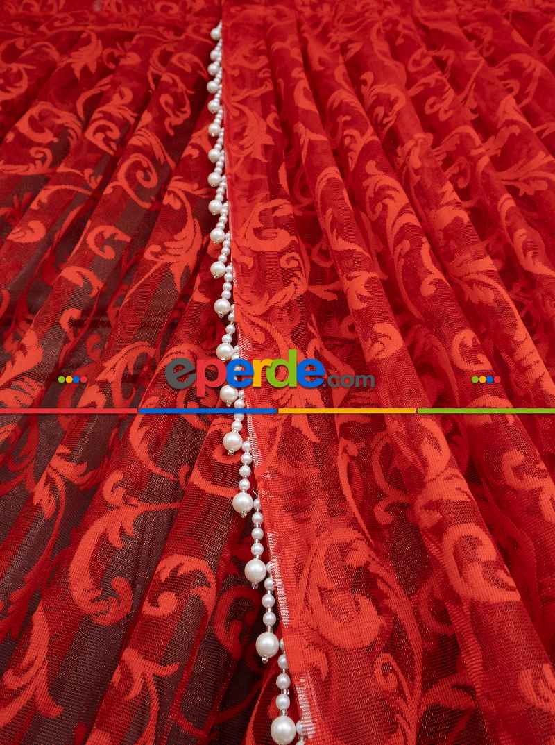 Kırmızı Tül Perde - Sarmaşık Desenli Tül - Kruvaze Model Yanki Tül Perde - Düz Model Seçeneği Var - Örme Tül