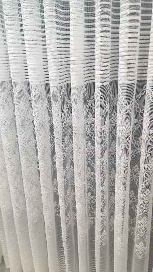 Salon Çiçek Çizgi Örme Tül Perde- Ekru
