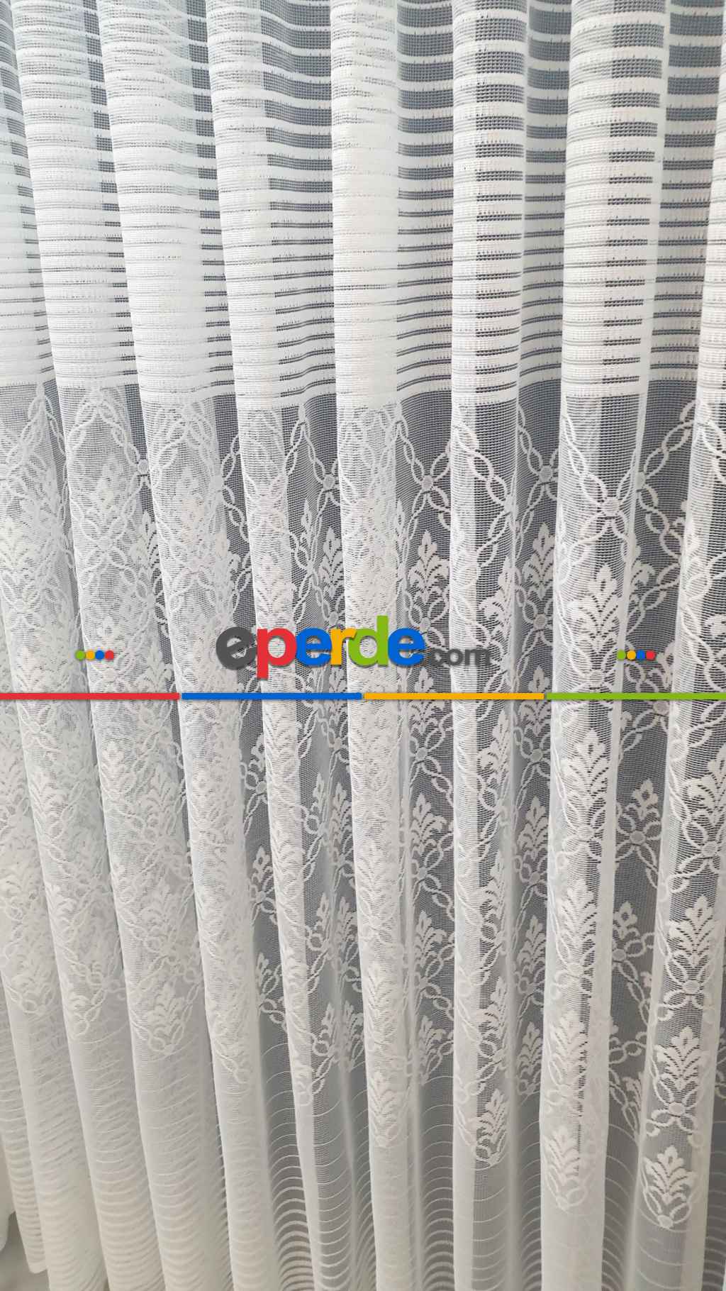 Salon Çiçek Çizgi Örme Tül Perde- Ekru