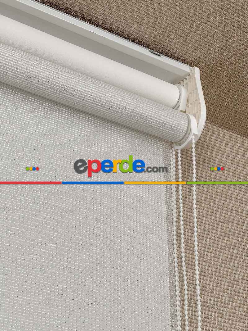 Ekru Gümüş Simli Çiftli Sistem Tül Stor Perde, Standart Metal Kasalı Yüksek Kalite Kornişe Kolay Montaj Seçenekli