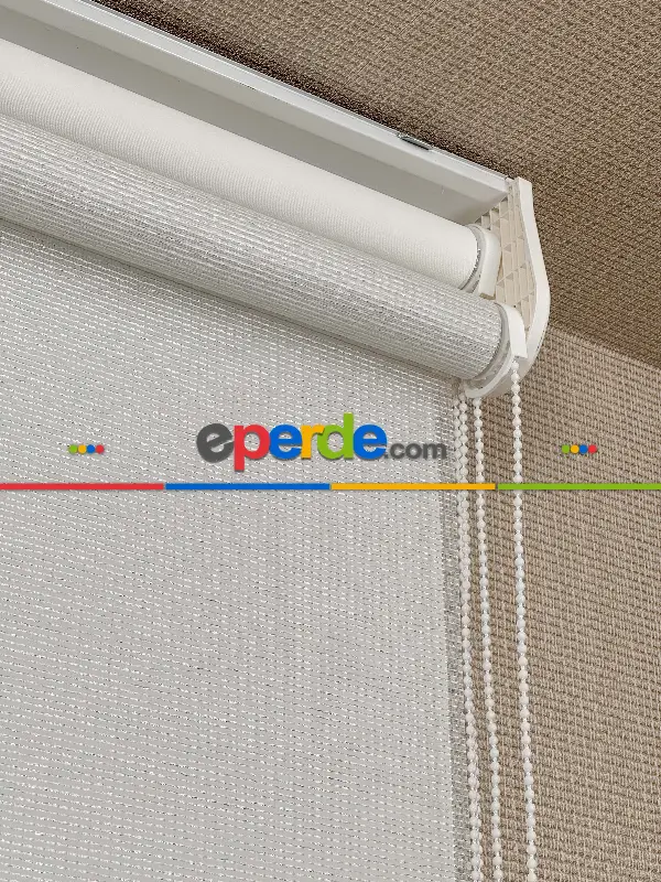 Ekru Gümüş Simli Çiftli Sistem Tül Stor Perde, Standart Metal Kasalı Yüksek Kalite Kornişe Kolay Montaj Seçenekli