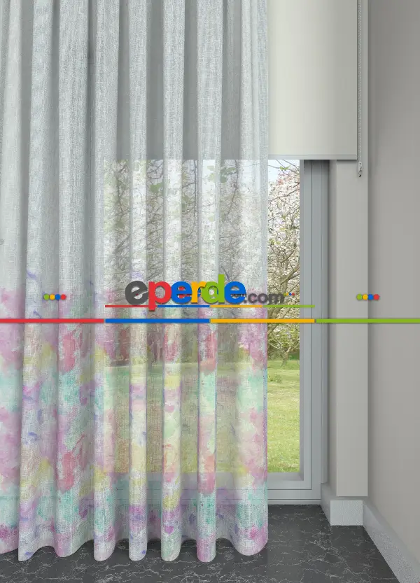 Hazır Ölçülü Genç Odası - Lila - Pembe- Turkuaz Suluboya Desenli Keten Zemin Baskılı Tül Perde 175cm X 272cm 