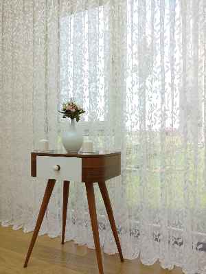 Sarmaşık Yaprak Desenli Özel Örme Dokulu Tül Perde - Ekru