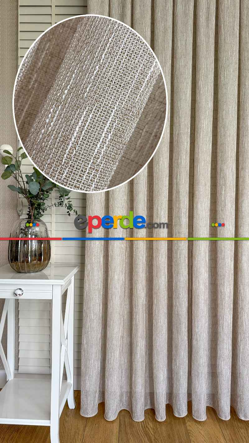Genç Odası Bej Keten Gümüş Simli Tül Perde - Ağır Gramajlı Premium