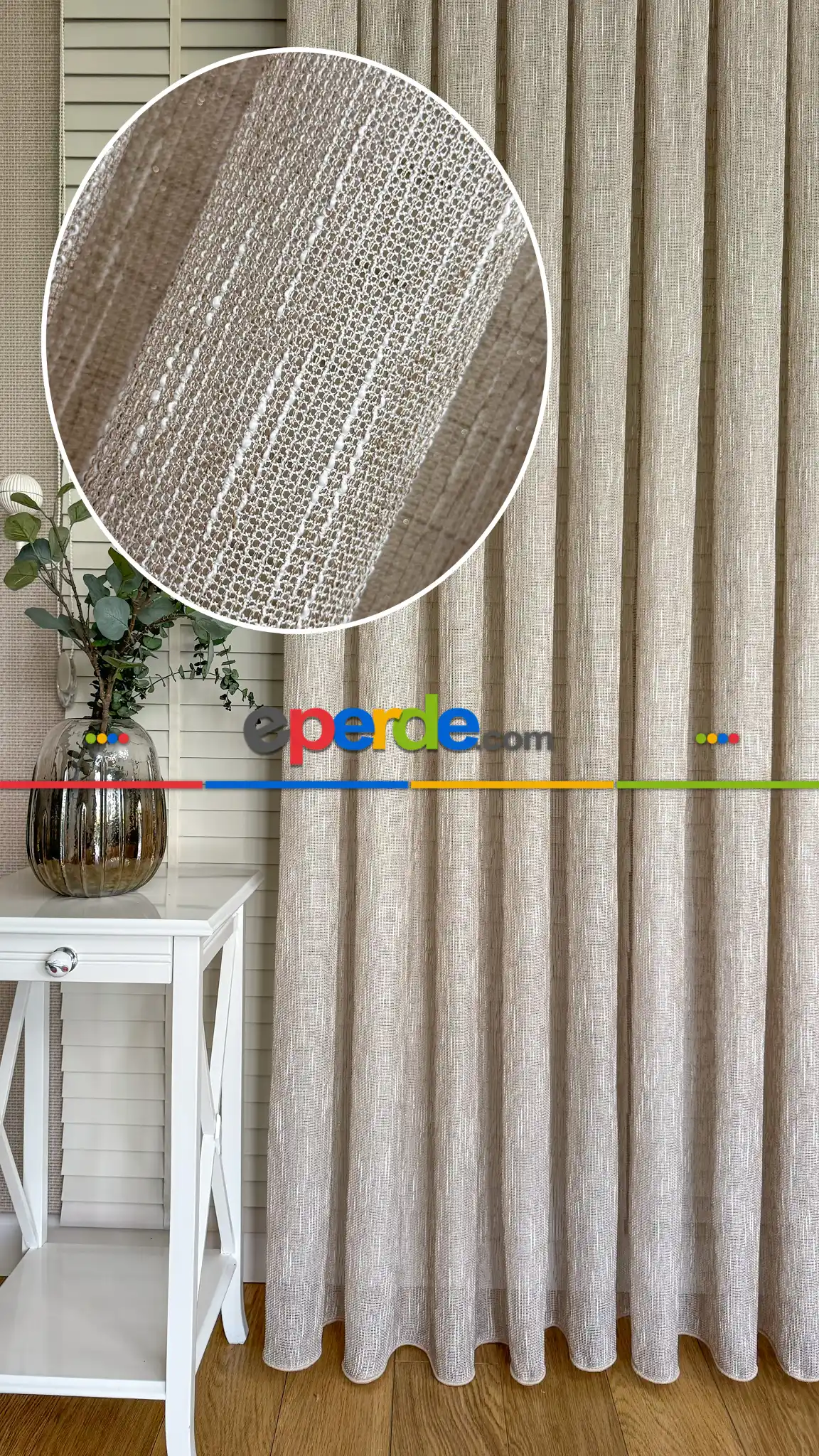 Salon - Bej Keten Gümüş Simli Tül Perde - Ağır Gramajlı Premium