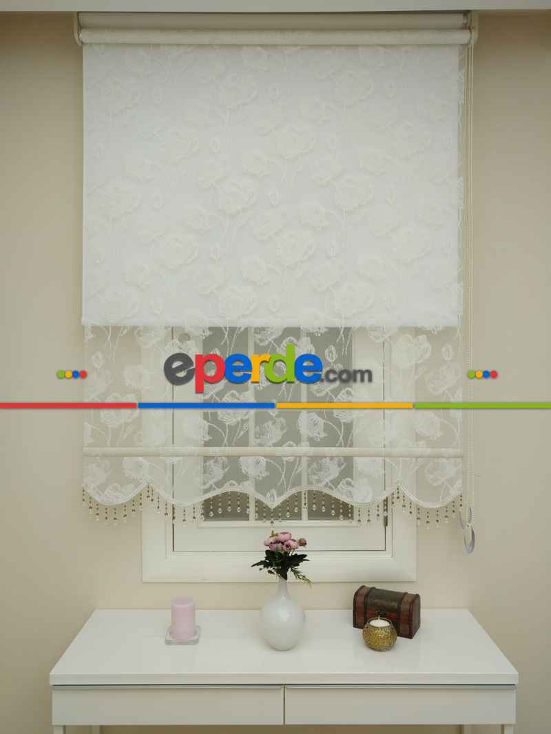 Brillant Çiçek Desen Çiftli Sistem Tül Stor Perde Ve Stor Perde- Ekru