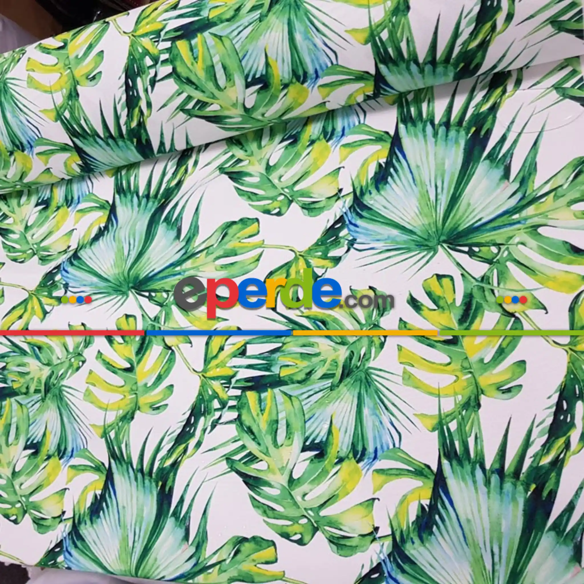 Tropikal Desenli Fon Perde Evm226 -t - Kumaşı Kalındır Duck Bezi Değildir.- Yeşil-Beyaz