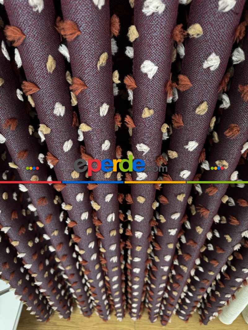 Oturma Odası - Bordo Ponponlu Jakar Dokuma, Premium Kalite Serisi Fon Perde