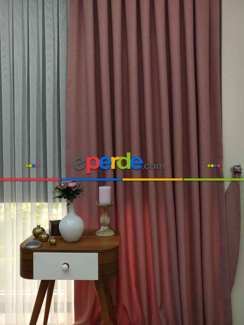 Keten Gül Kurusu Renk Düz Fon Perde- Pudra