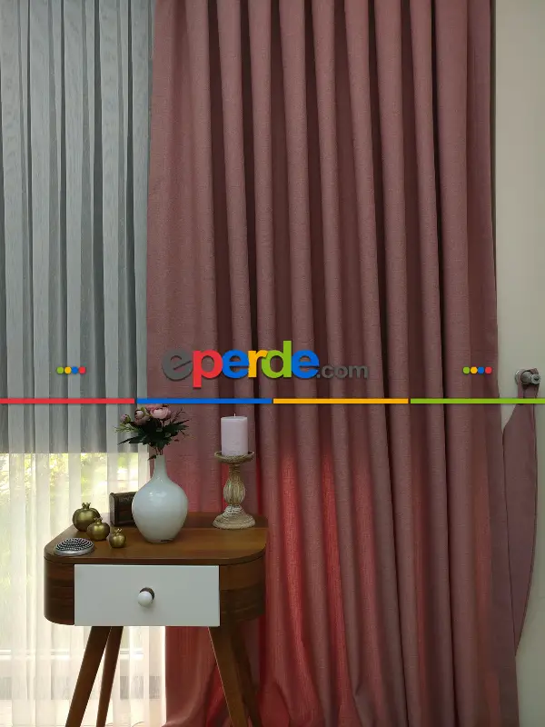 Yatak Odası - Keten Gül Kurusu Renk Düz Fon Perde- Pudra