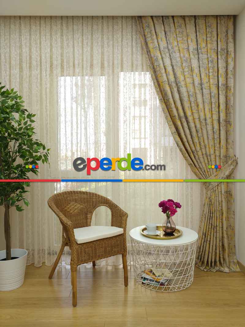 Bej Hardal Desenli Jakar Fon Perde (180)- Hardal Sarısı