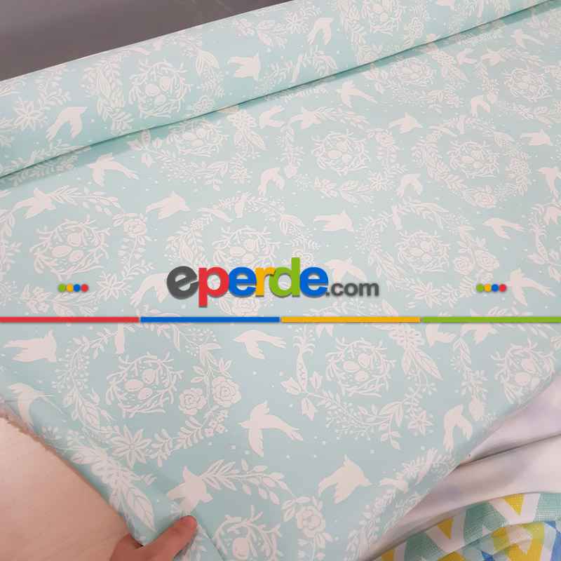 Kuş Desenli Fon Perde Evm794 Kumaşı Kalındır Duck Bezi Değildir- Beyaz