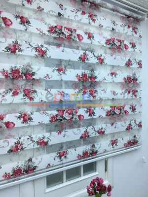 %40 Indirimli !!! Çiçek Desen Pembe-gri Zebra Perde- Siyah-füme-fuşya