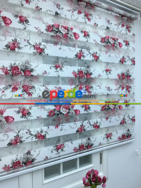 %40 Indirimli !!! Çiçek Desen Pembe-gri Zebra Perde- Siyah-füme-fuşya