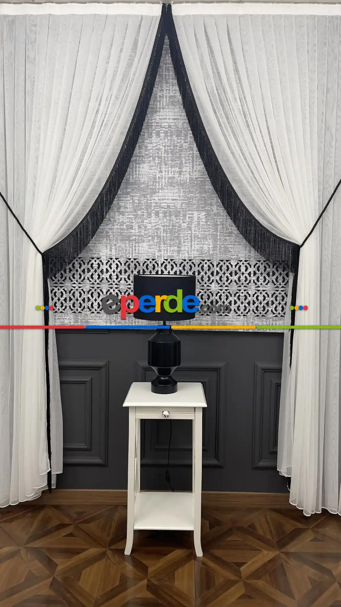 Siyah Saçak Detaylı Tül Fon Perde - Kordon Toplama-bambu Tül