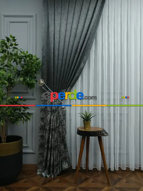 Patine Desenli Gri Jakar Fon Perde (180)- Gri