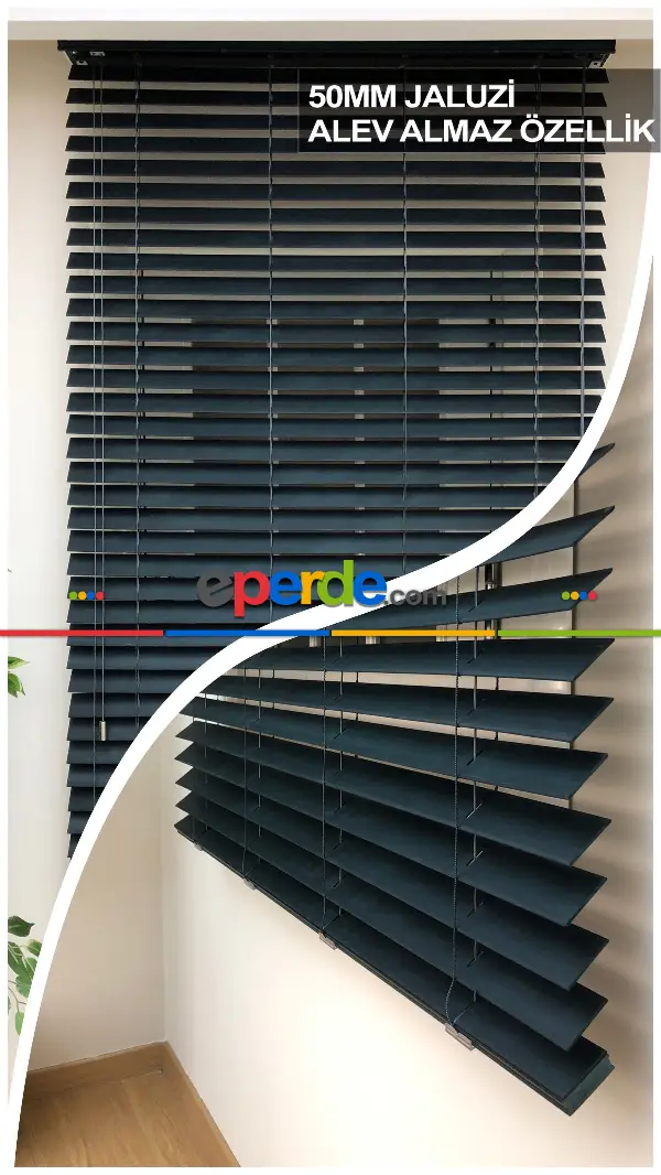50mm Siyah Ahşap Efektli Jaluzi Perde Alev Almaz Özellik- Siyah