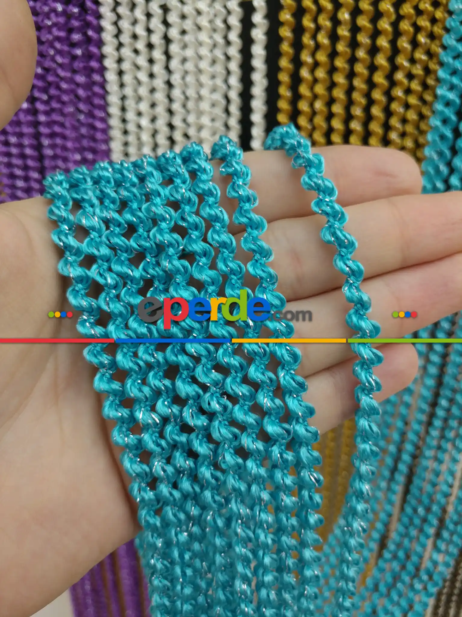 Açık Mavi Rengi İp Perde Bukle Serisi- Mavi-gümüş