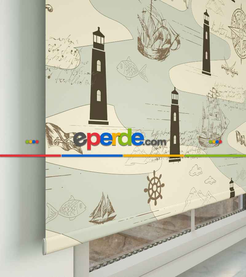 Çocuk Odası Stor Perde - Denizfeneri Desenli Baskılı Stor Perde- Çok Renkli
