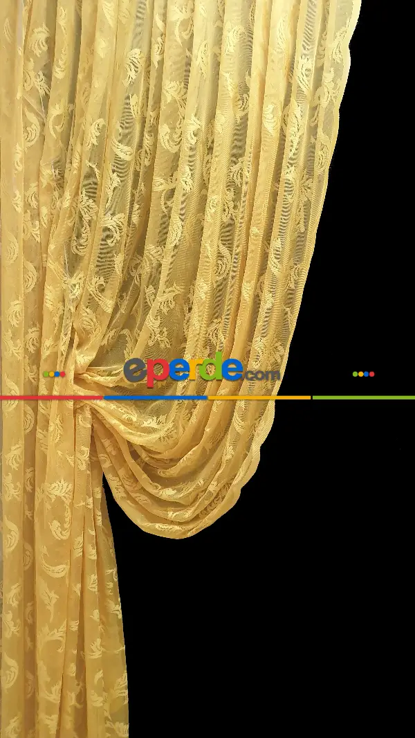 Tül Fon Hardal Koyu Sarı Renk Model Büzgülü Tasarım Fon Perde- Hardal 70cm X 270cm 