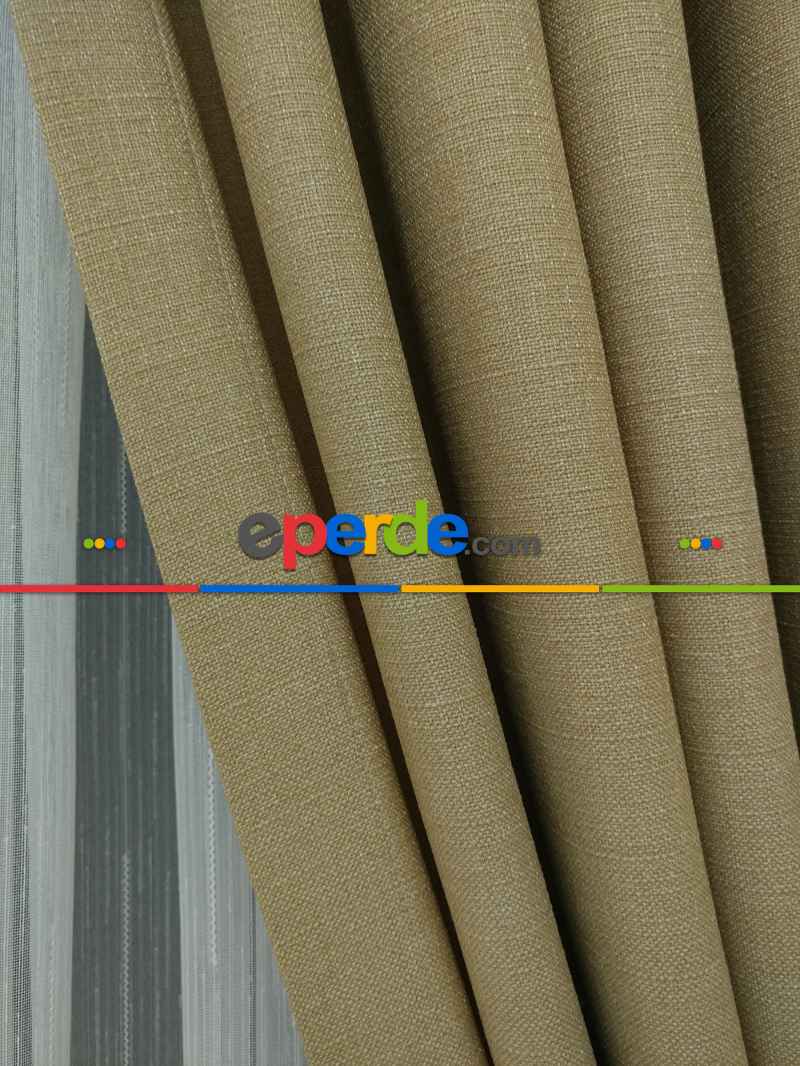 Yatak Odası - Keten Açık Be Rengi Düz Fon Perde- Taş Rengi