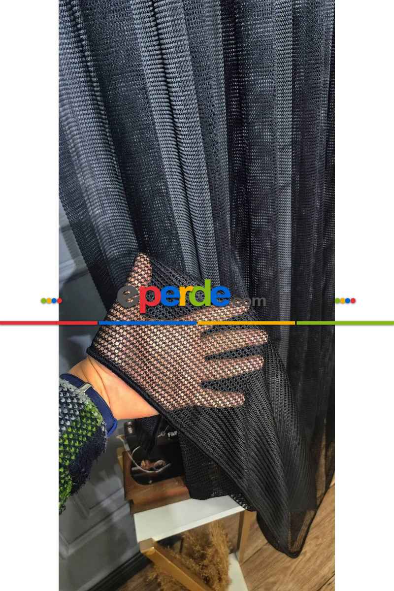 Siyah Renk Fileli Tül Perde Ofis Büro Mutfak Tül Perde