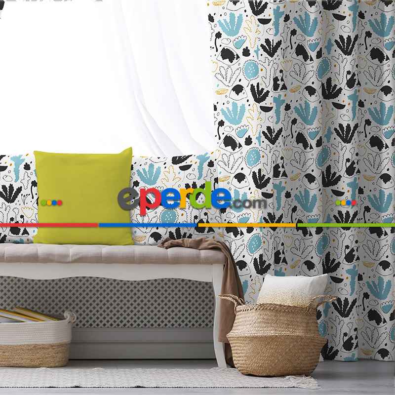 Çocuk Odası - Mavi Siyah Desenli Fon Perde Evim428 Kumaşı Kalındır Duck Bezi Değildir- Mavi-beyaz