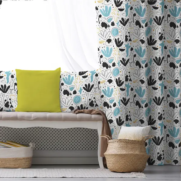 Çocuk Odası - Mavi Siyah Desenli Fon Perde Evim428 Kumaşı Kalındır Duck Bezi Değildir- Mavi-beyaz