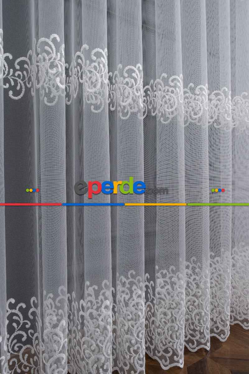 Sarmaşık Şal Desenli - Ara Bantlı Desenli Tül Perde - Brode Dokuma