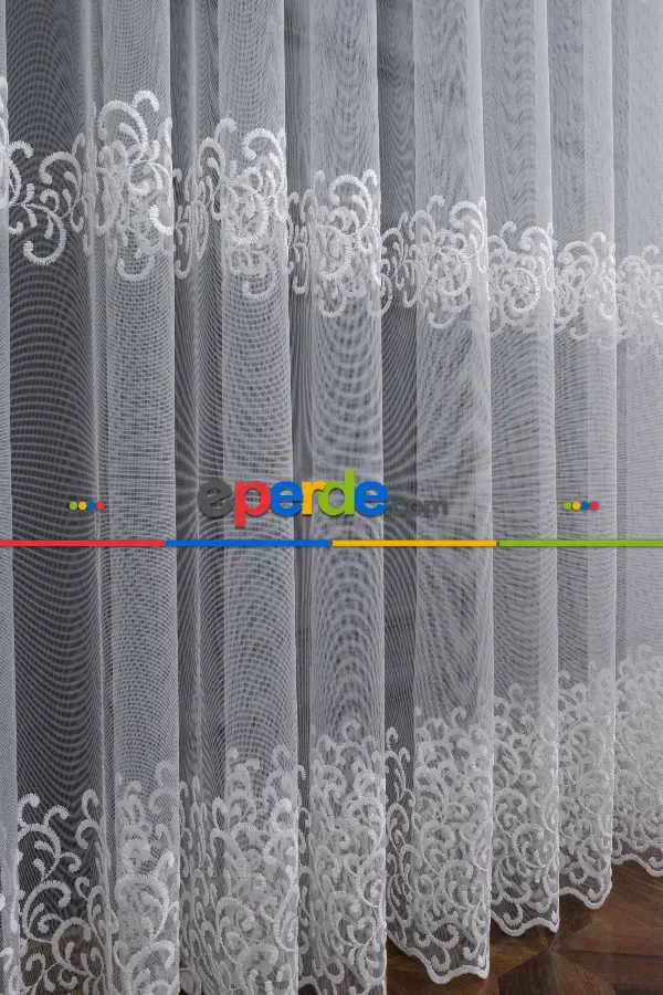 Mutfak Sarmaşık Şal Desenli - Ara Bantlı Desenli Tül Perde - Brode Dokuma