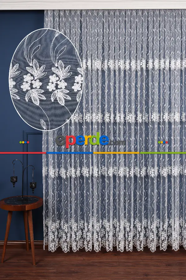Salon Tül - Brode Işlemeli Sarmaşık Desen Tül Perde