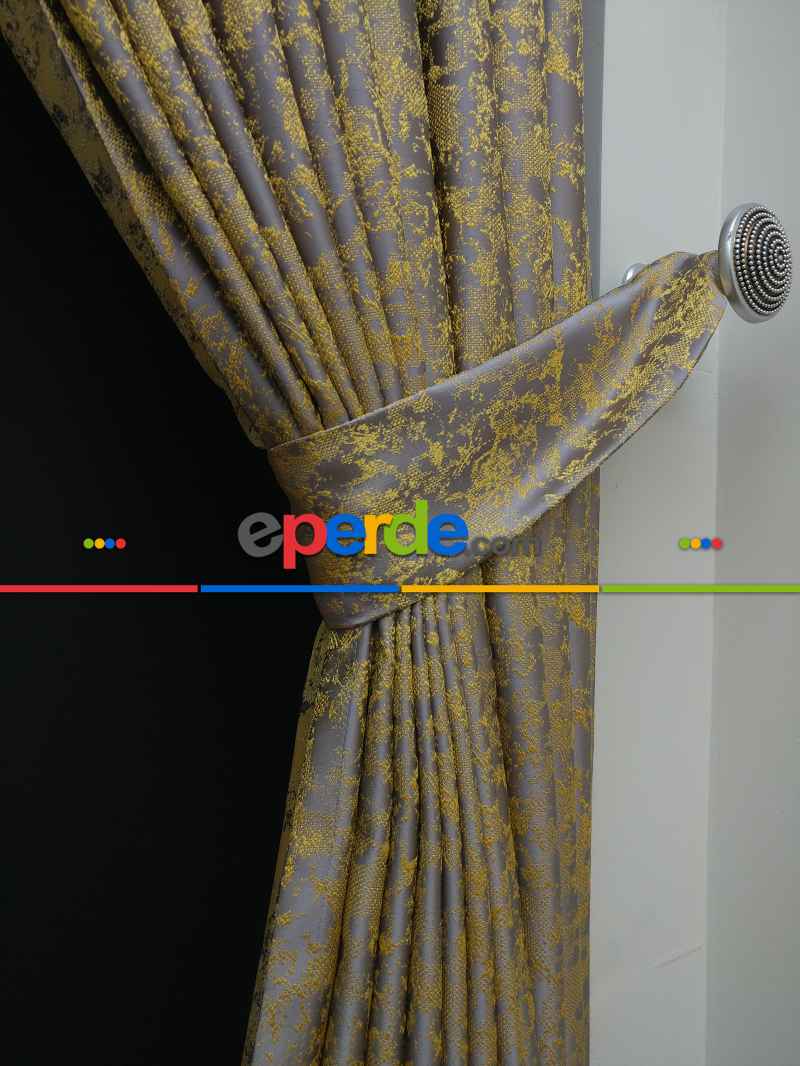 Hardal Antrasit Desenli Jakar Fon Perde - Altın