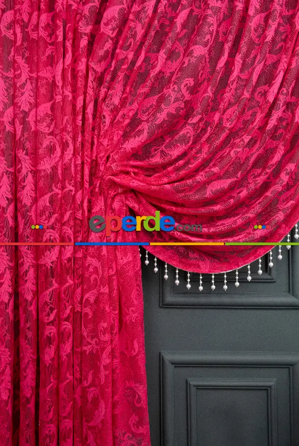 Fuşya Pembe Sarmaşık Desen Şal Model Tül Kruvaze Yanki Tül