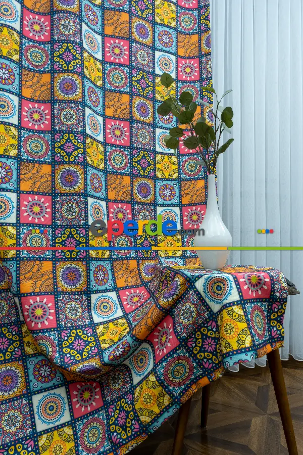 Etnik Desenli Fon Perde K508 E - Kumaşı Kalındır Duck Bezi Değildir.- Sarı-Turkuaz-Pembe-Kahve-Hardal Sarısı-Çok Renkli
