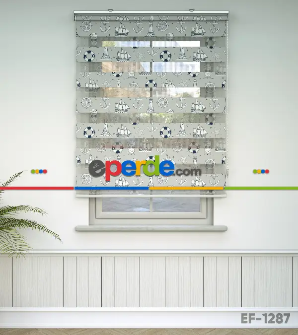 Bebek Odası Zebra Perde - Çapa Desen Baskılı Zebra Perde- Mavi-Beyaz