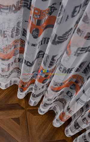 Hazır Ölçülü Petek Zemin Kırmızı Renkli Araba Desenli Grek Baskılı Tül Perde