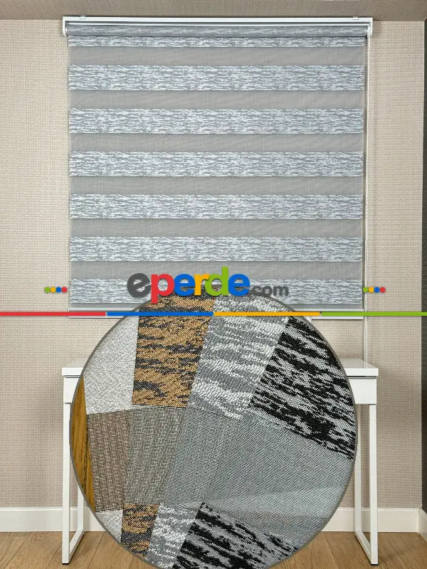 Yatak Odası Gri Jakar Dokuma Zebra Perde, Standart Metal Kasalı Yüksek Kalite Kornişe Kolay Montaj Seçenekli