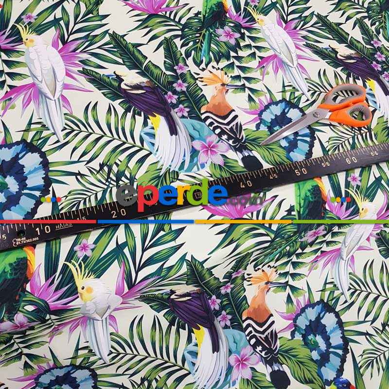 Papağan Ve Tropikal Desenli Fon Perde Evm1093 Kumaşı Kalındır Duck Bezi Değildir- Yeşil-Beyaz